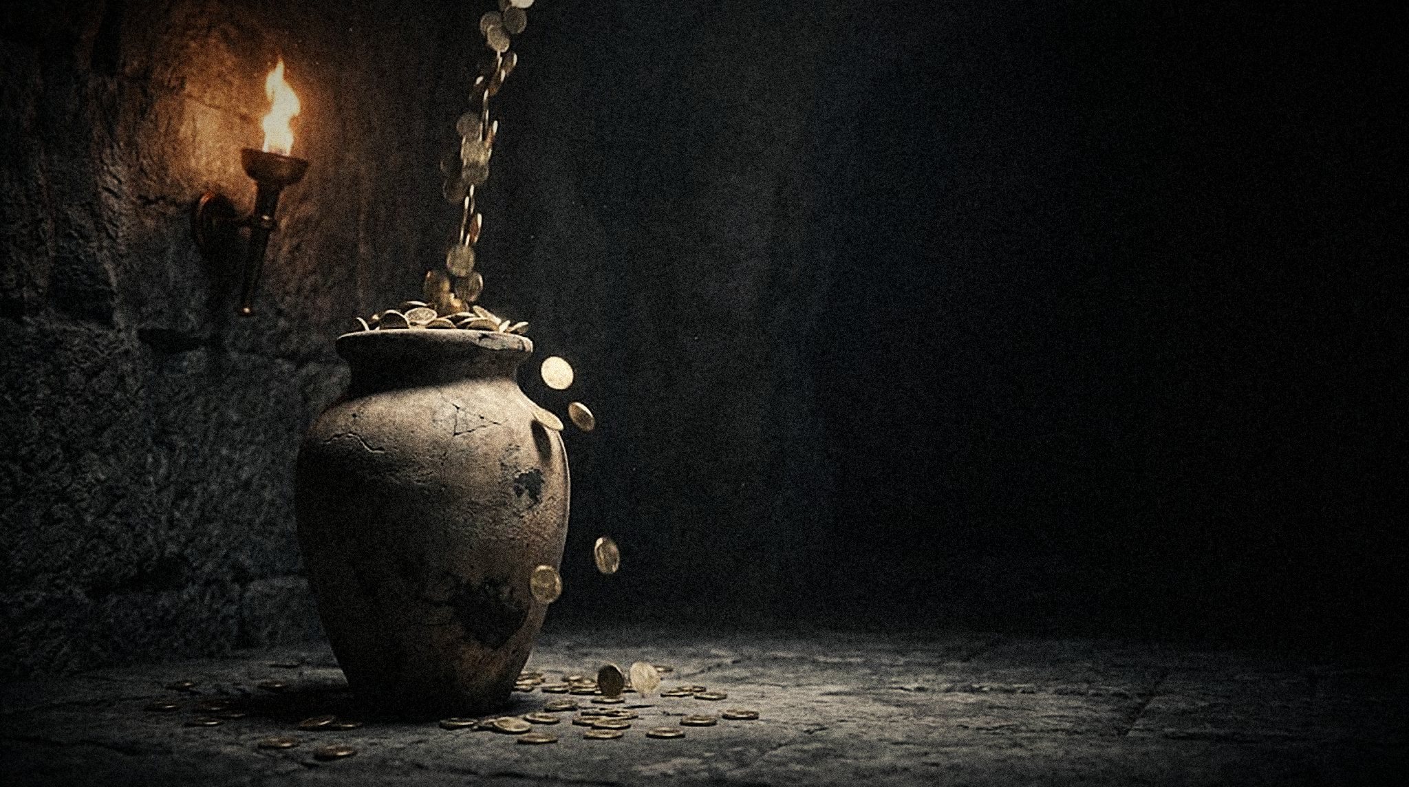 Gold coins pouring into an ancient amphora