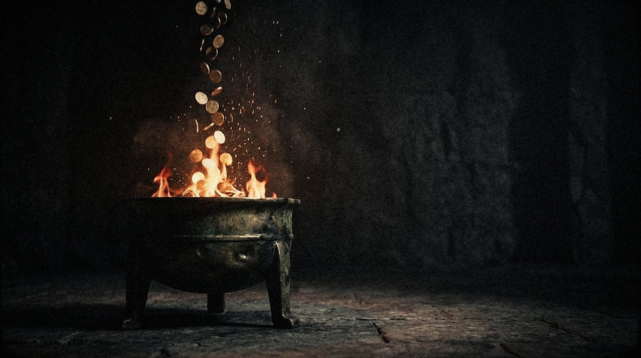 Coins falling into a burning brazier